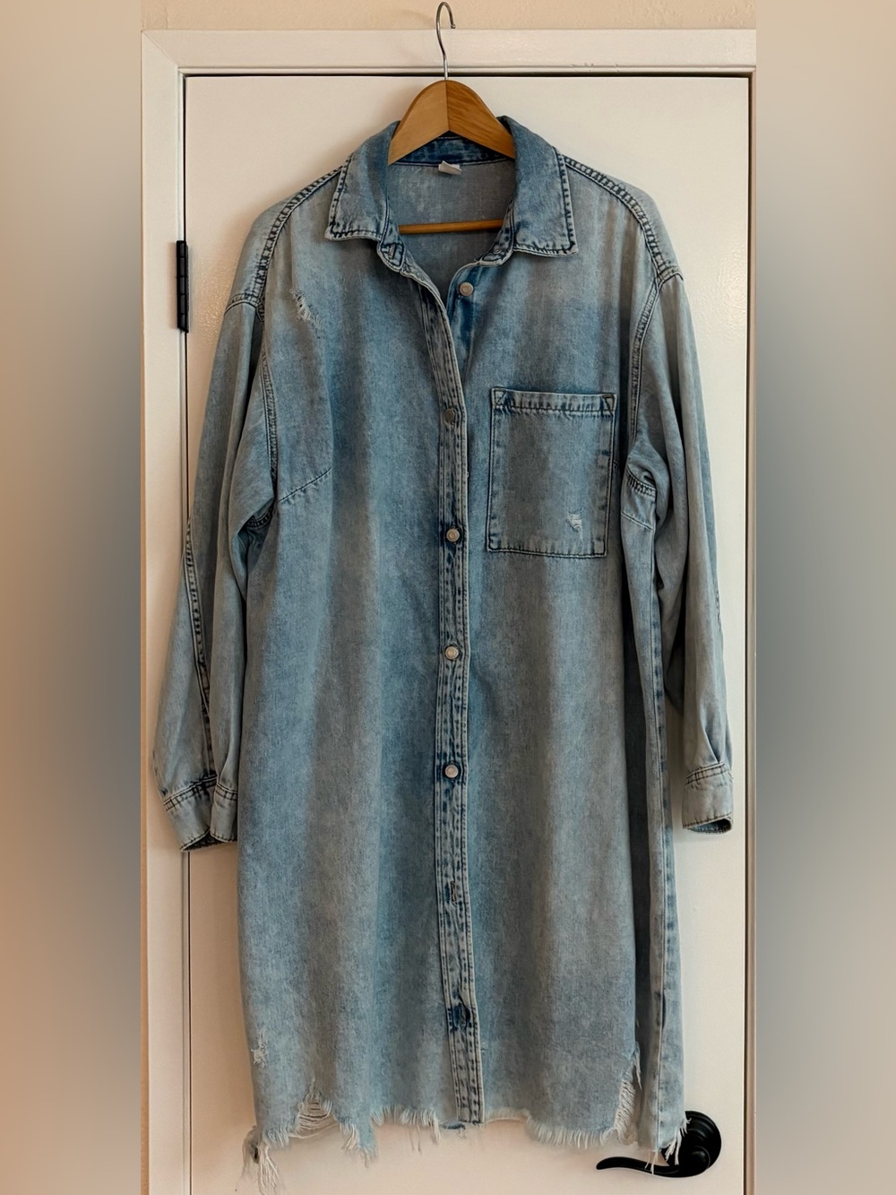 H&M Light Wash Distressed Long Denim Button-Down Shirt